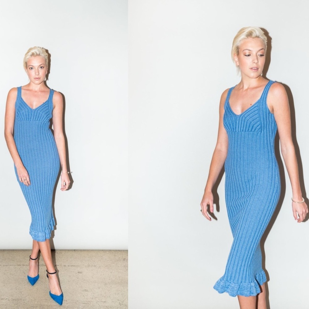Ronny Kobo Miria Blue Combo Knit Cotton Linen Sleeveless Ruffle Hem Dress